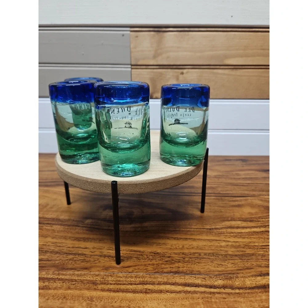 Lot of 4 Del Dueno Anejo Tequila Shooter Hand Blown Blue‎ Green Rim Shot Glasses